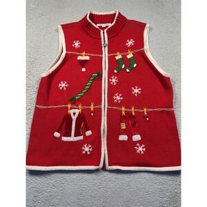 Vintage‎ Mercer Street Studio Womens Red Ugly Christmas Cardigan Sweater Vest L